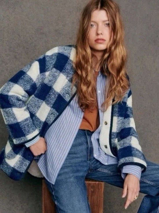 Sezane Jackets & Blazers - Sézane Farel Reversible Wool Plaid Jacket Blue White Sherpa Size 36 Small NWT